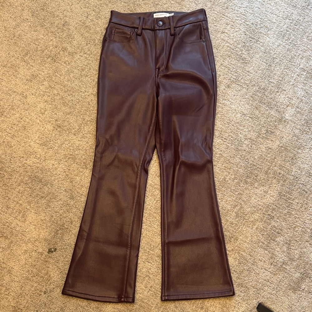Good American Faux Leather Boot Cut Pants in Deep Burgundy